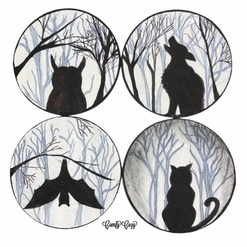 Hand-Painted Owl, Coyote, Cat & Bat Wood Coasters