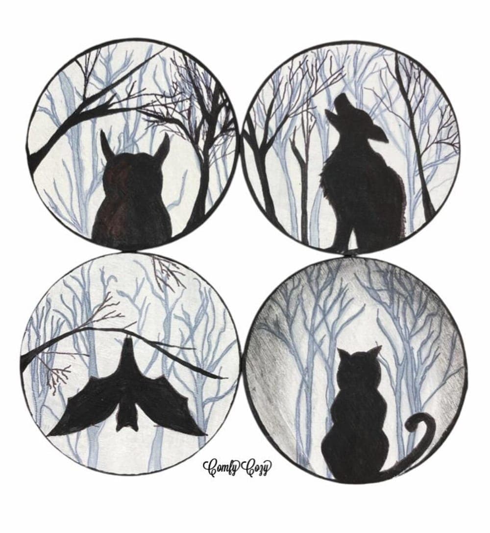 Hand-Painted Owl, Coyote, Cat & Bat Wood Coasters