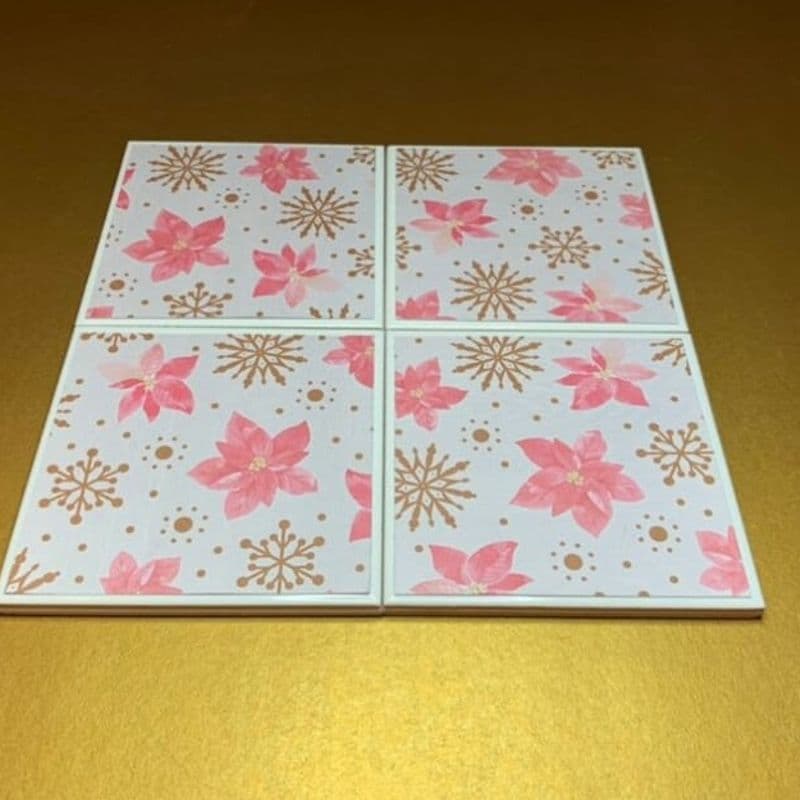 Pink Holly & Poinsettia Christmas Coasters