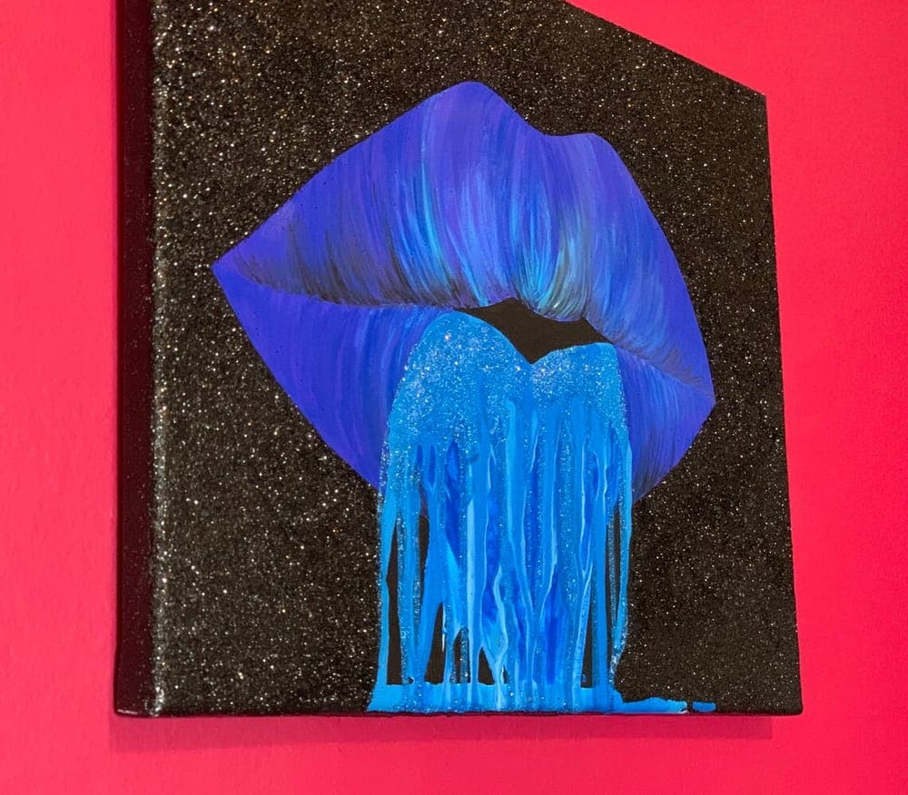 Blue Glitter Dripping Lips Painting